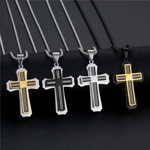 Vista 2 de Collar con colgante de cruz de Jesucristo grande de acero inoxidable para hombre con cadena bizantina de 22, 24, 26 pulgadas, negrodoradoplata