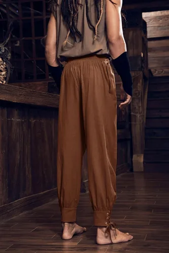 Vista 4 de Pantalones de tobillo de pirata medieval para hombre, disfraz vikingo renacentista con cordones, pantalones de navegador con bandas cónicas
