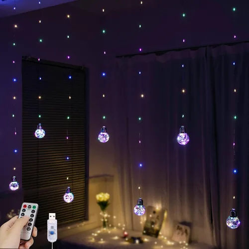 Vista 10 de Luces de Cortina de Bola de Deseos que Cambian de Color, 9.8 x 3.3 Pies, Luz de Hadas LED RGB con Control Remoto por App, Sincronización de Música