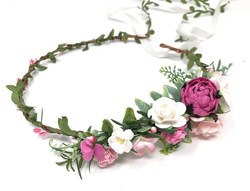 Vista 2 de Corona de flores burdeos marfil diadema de boda adulto diadema halo floral corona de pelo (borgoña y marfil)