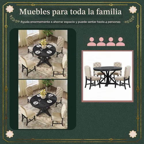Vista 6 de Conjunto de mesa de comedor extensible Bellemave para 4, juego de mesa redonda de 5 piezas con 4 sillas, mesa circular con sillas tapizadas, juego
