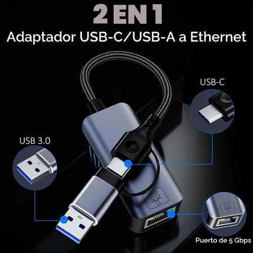 Vista 2 de Adaptador USB C a Ethernet de 5 Gbps, USB-A y USB-C a RJ45 LAN 5000 Mbps convertidor de red con cable, adaptador USB a Ethernet compatible