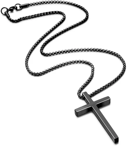 Vista 3 de M MOOHAM- Collar con dije de cruz de acero inoxidable para hombre, cadena de eslabones cuadrados de 16 a 30 pulgadas, color plateado, negro, dorado