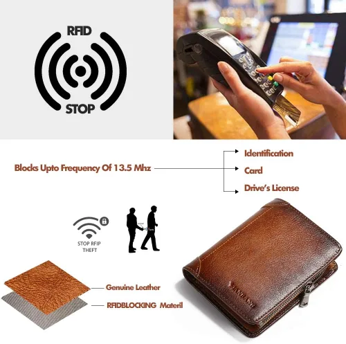 Vista 4 de Billetera para hombre con cremallera de cuero genuino RFID tarjeteros de piel de vaca con cremallera bolsillo para monedas, carteras plegables