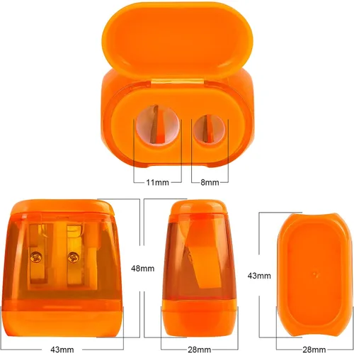 Vista 2 de Paquete de 4 sacapuntas manuales de doble agujero con tapa para niños, escuela, oficina, hogar (azul, verde, naranja, rosa)