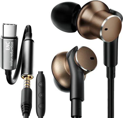 Vista 4 de Auriculares intrauditivos dinámicos de graves profundos, cancelación de ruido, auriculares con cable con doble controlador, refuerzo de graves