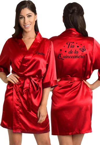 Vista 4 de Zynotti Batas de satén de quinceañera personalizadas con purpurina para toda la familia, bata de quinceañera