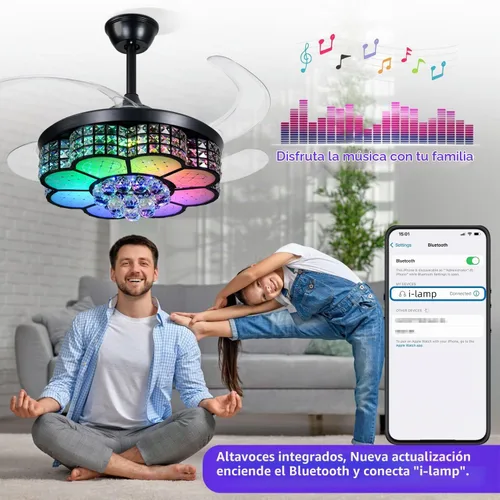 Vista 3 de BAYSQUIRREL Ventilador de techo retráctil de cristal con luz, ventiladores de techo Bluetooth con altavoz y control remoto/APP, 6 velocidades, aspas