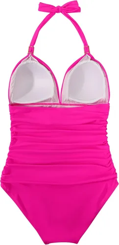 Vista 8 de RXRXCOCO - Traje de baño fruncido de una pieza con cuello en V para mujer con control de abdomen cuello halter