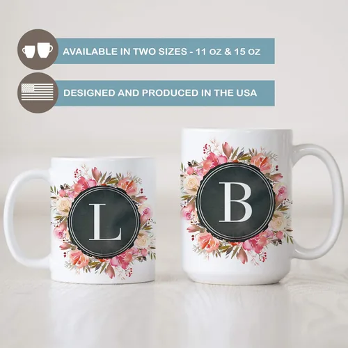 Vista 3 de Taza de café de cerámica con monograma floral con inicial personalizada, 11 oz o 15 oz