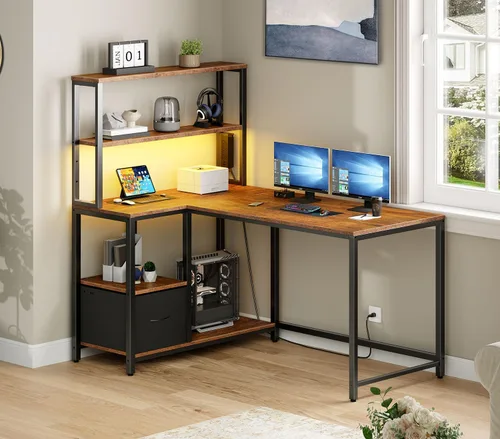 Vista 2 de HOOBRO BF18UDDN01 - Escritorio para juegos en forma de L, escritorio reversible para computadora de 46 pulgadas con luz LED y toma de corriente