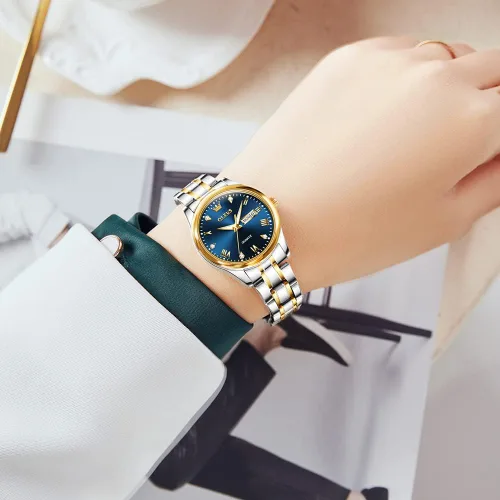 Vista 2 de OLEVS Reloj de acero inoxidable para mujer, estilo vintage, dorado, plateado, de dos tonos, analógico, de cuarzo, casual, impermeable