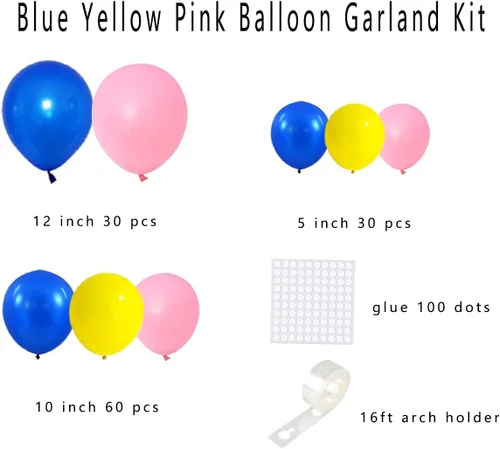 Vista 5 de Kit de arco de guirnalda de globos azules y amarillos – 122 globos azul real, rosa, globos azules y amarillos, guirnalda de globos para cumpleaños