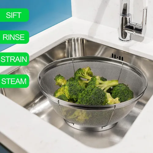 Vista 6 de Tiawudi Paquete de 5 coladores para cocina, colador de acero inoxidable 18/8, colador de malla fina para pasta, arroz y frutas, tamiz para colar