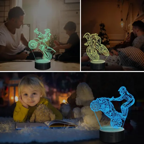 Vista 4 de Ammonite - Regalos de Moto de Tierra para Niños, Luz Nocturna de Ilusión 3D Motocross para Niños (3 Patrones) con Control Remoto y 16