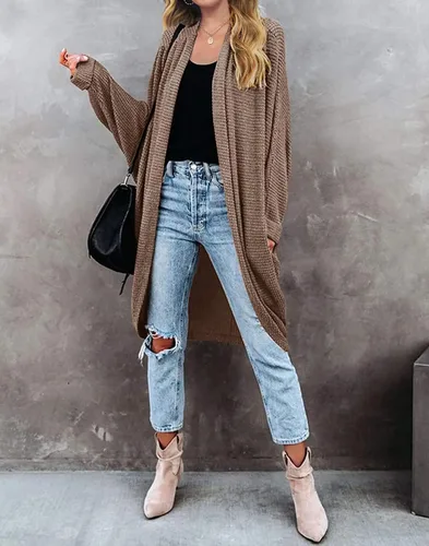 Vista 9 de ZESICA Women's 2023 Fall Casual Waffle Knit Solid Color Long Batwing Sleeve Oversized Open Front Sweater Cardigan Coat