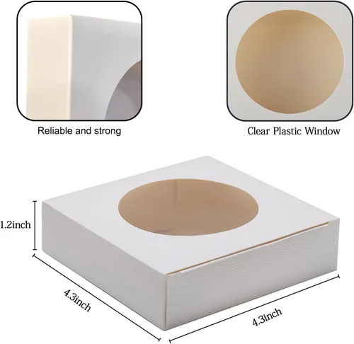 Vista 8 de Bssay 60 cajas pequeñas de embalaje de jabón de 4.3 x 4.3 x 1.2 pulgadas, cajas de papel cuadradas blancas con ventana redonda transparente