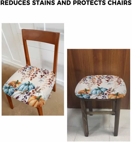 Vista 6 de Juego de 4 fundas elásticas para sillas de comedor, diseño de calabazas azules, naranjas y grises, fundas elásticas para sillas de cocina de Acción