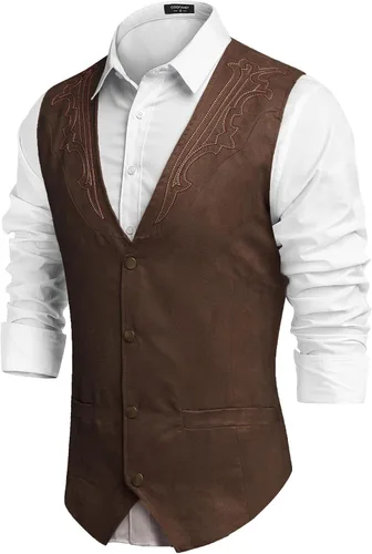 Vista 2 de COOFANDY Chaleco de traje de cuero de gamuza para hombre, chaleco occidental casual, chaleco ajustado