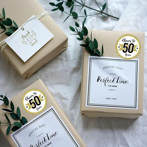 Vista 3 de REWIDPARTY Calcomanías de cumpleaños número 50, 80 calcomanías redondas de oro blanco, calcomanías adhesivas impermeables para decoraciones