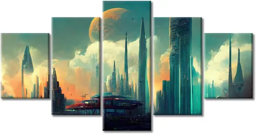 Vista 313 de Cuadros de 5 paneles de Cyberpunk City, arte de pared, representación de vallas publicitarias, edificios modernos en la capital con obras de arte