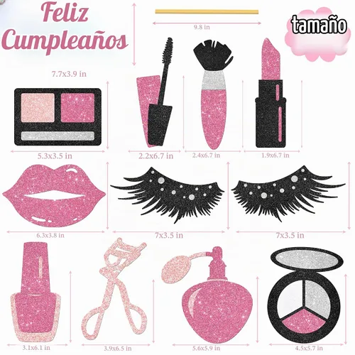 Vista 6 de 12 piezas de centro de mesa de maquillaje con purpurina, para spa, maquillaje, decoraciones de fiesta de cumpleaños para mesa, cosméticos, lápiz