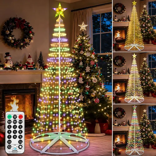 Vista 12 de Árbol de Navidad iluminado con conos, 250 luces LED de 1.8 m con 11 modos de iluminación, temporizador, control remoto, árbol artificial de Navidad