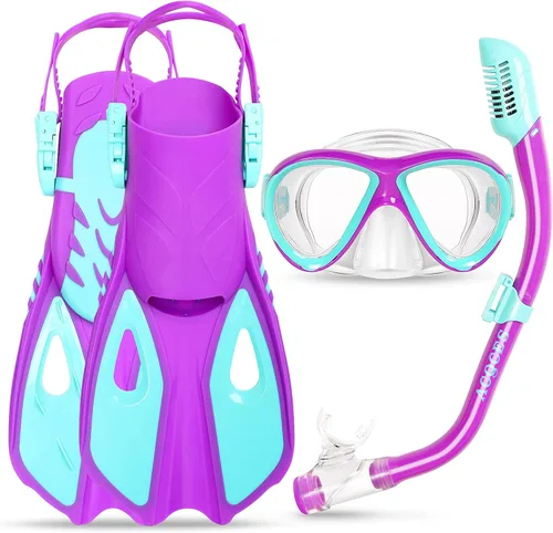 Vista 10 de Snorkeling Gear for Kids Ages 5-15, 4 in 1 Mask Fins Snorkel Set with HD Tempered Glass Panoramic View Anti-Fog Mask, Dry Top Snorkel, Adjustable