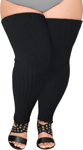 Vista 5 de Calentadores de piernas de talla grande para mujer, calcetines de punto por encima de la rodilla sin pies para muslos gruesos C01-negro/gris oscuro