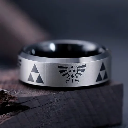 Vista 2 de King Will Anillo de boda de carburo de tungsteno negro y azul de 0.315in para hombre The Legend of Zelda, con acabado mate, bordes biselados