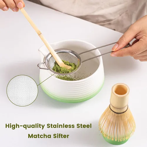 Vista 4 de Juego de 7 batidores de matcha, kit completo de ceremonia de té japonés con cuenco de cerámica (Chawan) y batidor de bambú, juego tradicional