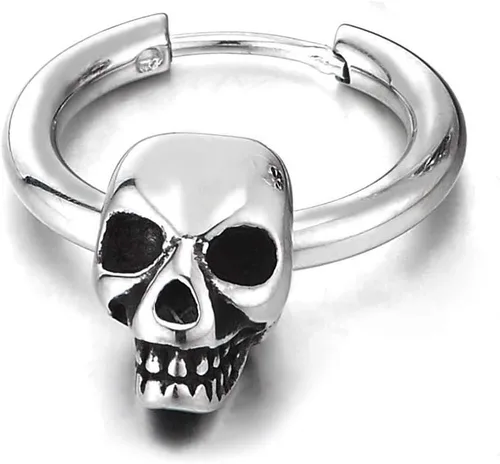 Vista 2 de Mens Womens Stainless Steel Vintage Circle Huggie Hinged Hoop Earrings Dangle with Skulls, 2pcs