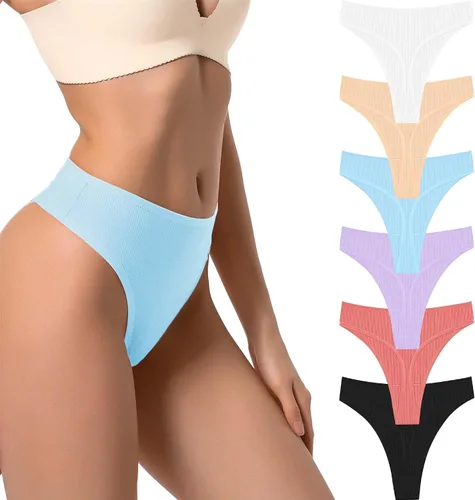 Vista 8 de Tanga de algodón acanalado transpirable sin costuras de cintura alta para mujer, ropa interior de talla grande 2 negro/2 verde/2 vino tinto