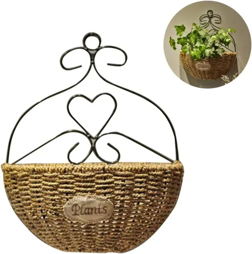 Vista 3 de Hemoton Maceta colgante tejida hecha a mano para montaje en pared, de 13.38 x 11.02 x 5.90 pulgadas, con forro impermeable para decoración