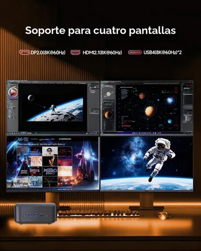 Vista 8 de Reatan Oculink Gaming Mini PC, Ryzen 7 255(hasta 4.9 GHz) Barebone Mini PC Radeon 780M, 2x 8K USB4, HDMI 2.1, Wi-Fi 7, BT 5.4, Quad-Display