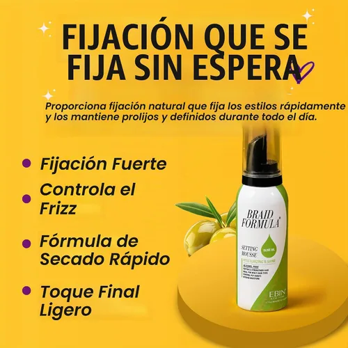 Vista 3 de EBIN NEW YORK Braid Formula Setting Mousse Aceite de oliva – Espuma de trenza ligera para trenzas, giros y mechones, para hombres y mujeres