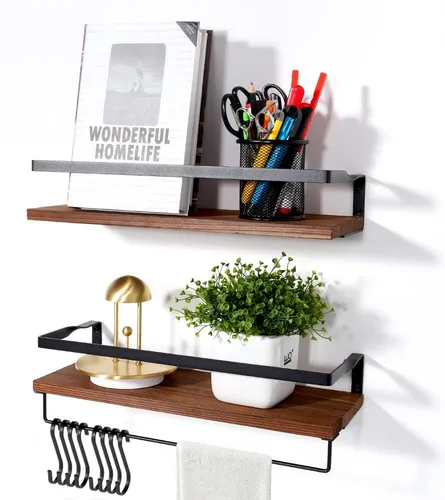 Vista 8 de Uten Estantes flotantes, juego de 2 estantes de pared, montaje en pared para baño, dormitorio, cocina, estante de baño con toallero, estructura