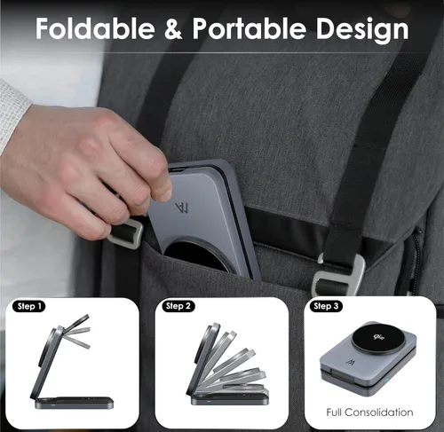 Vista 6 de Estación de carga 3 en 1, soporte de cargador inalámbrico Magsafe Qi2, estación de carga inalámbrica plegable compatible con tu Apple iPhone