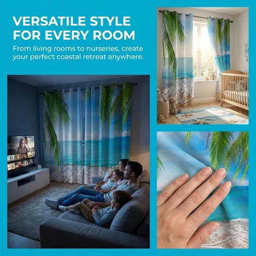 Vista 3 de Cortinas opacas de playa con hojas de palmera tropicales, 2 paneles de 84 pulgadas de largo, para dormitorio, sala de estar, guardería, 52 x 84