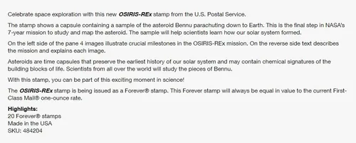 Vista 4 de US Stamps SC#5820 2023 Osiris-REx Forever Stamps - Hoja/20 - Sellos MNH VF