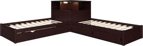Vista 6 de Marco de cama individual en forma de L para 2 niños con escritorio y nido Espresso Espresso