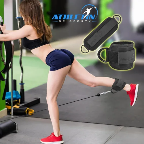 Vista 5 de Correa de tobillo para máquinas de cable, retrocesos, entrenamientos de glúteos, extensiones de piernas ajustables, acolchado ultrasuave, puño Negro