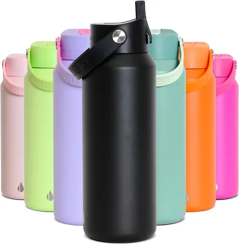 Vista 18 de Elemental Botella de agua aislada de 24 onzas con popote, botellas de agua con núcleo de acero inoxidable 100% a prueba de fugas para viajes, Beige