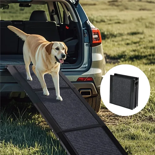 Vista 2 de Rampa para perros para automóvil, escalera plegable portátil para mascotas con superficie antideslizante de hasta 250 libras, capacidad de carga al