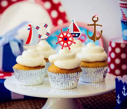 Vista 6 de 77 piezas de suministros náuticos para fiestas: pancarta náutica de feliz cumpleaños, banderines, 30 globos de látex (rojo, azul, blanco), 24