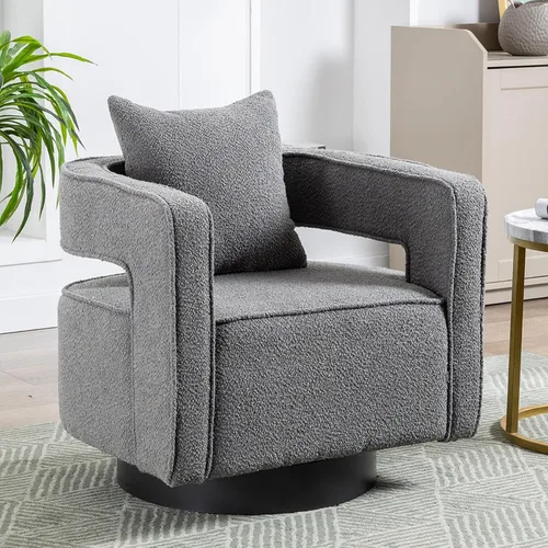 Vista 14 de Silla giratoria decorativa, silla moderna de barril para sala de estar, silla cuadrada cómoda de 360 grados con respaldo abierto, silla tapizada