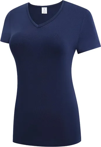 Vista 2 de OThread & Co. Camiseta de manga corta para mujer, cómoda, con cuello en V, capa elástica básica