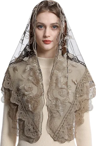 Vista 3 de Bozidol Velo de Mantilla de Iglesia Católica Triángulo de Rosa Bordado Capilla de Encaje Velo Masa Española Bufanda para Mujer