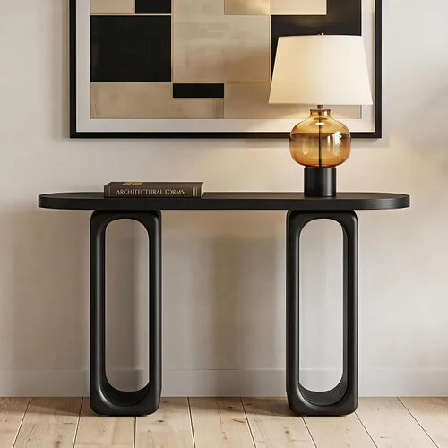 Vista 3 de 50" Modern Art Sculptural Console Table, Oval Cutout Legs, Wood Veneer, Thick Rounded Tabletop, Contemporary Entryway Sofa Table for Living Room