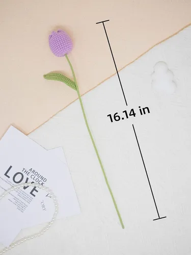 Vista 6 de JOMODECOR Ramo de flores de tulipán de ganchillo hecho a mano, flores artificiales tejidas para siempre con exquisita envoltura, regalo para novia
